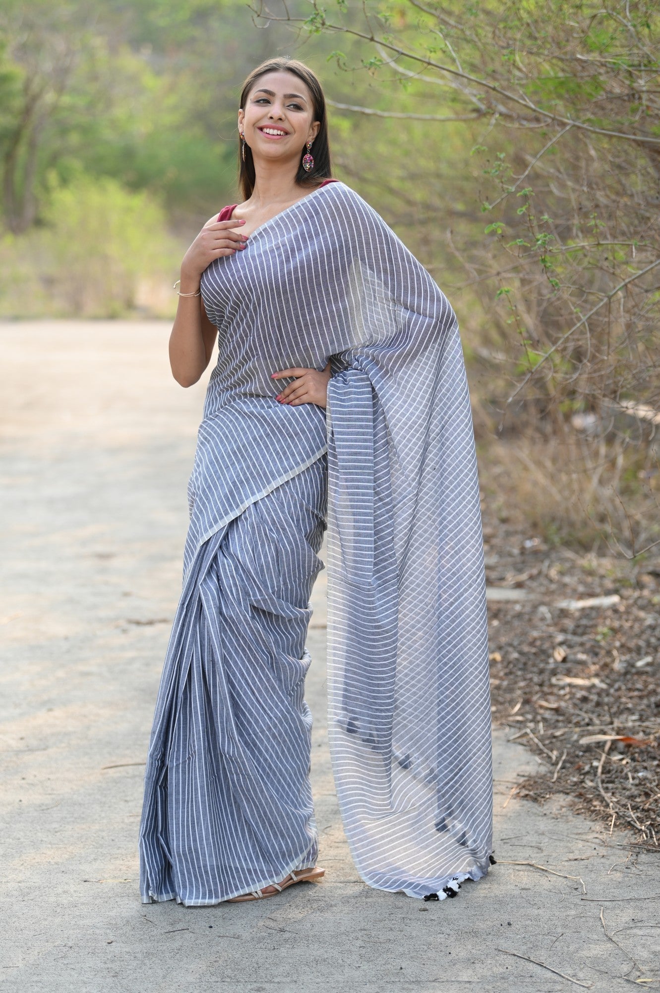 Very Much Indian Designer Pure Cotton Sarees with All over Linear Stripes - Sage Grey | Swadesiicart