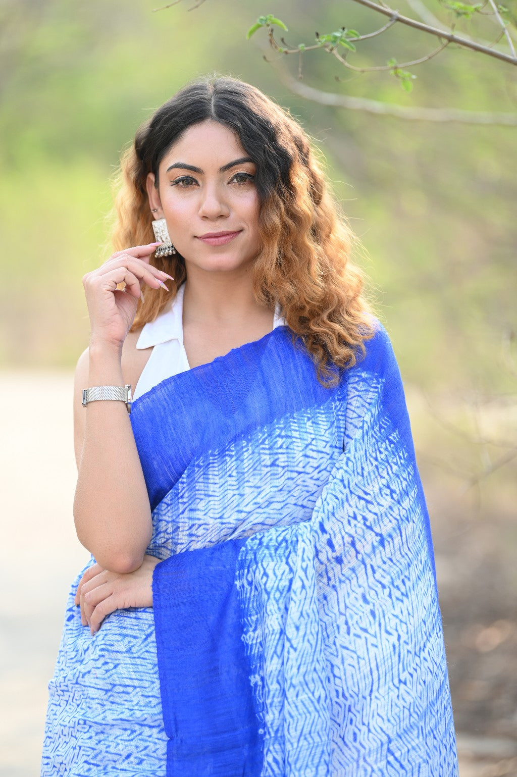 Very Much Indian Pure Matka Silk Handloom Jamdhani with Shibori Tie & Dye (with Silk Mark) - Cerulean Blue | Swadesiicart
