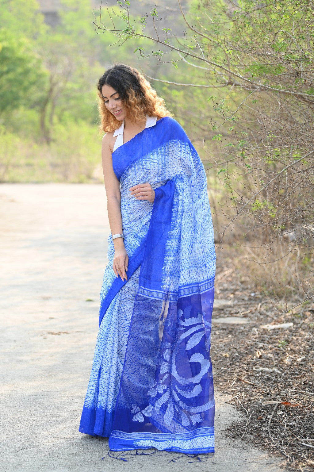 Very Much Indian Pure Matka Silk Handloom Jamdhani with Shibori Tie & Dye (with Silk Mark) - Cerulean Blue | Swadesiicart