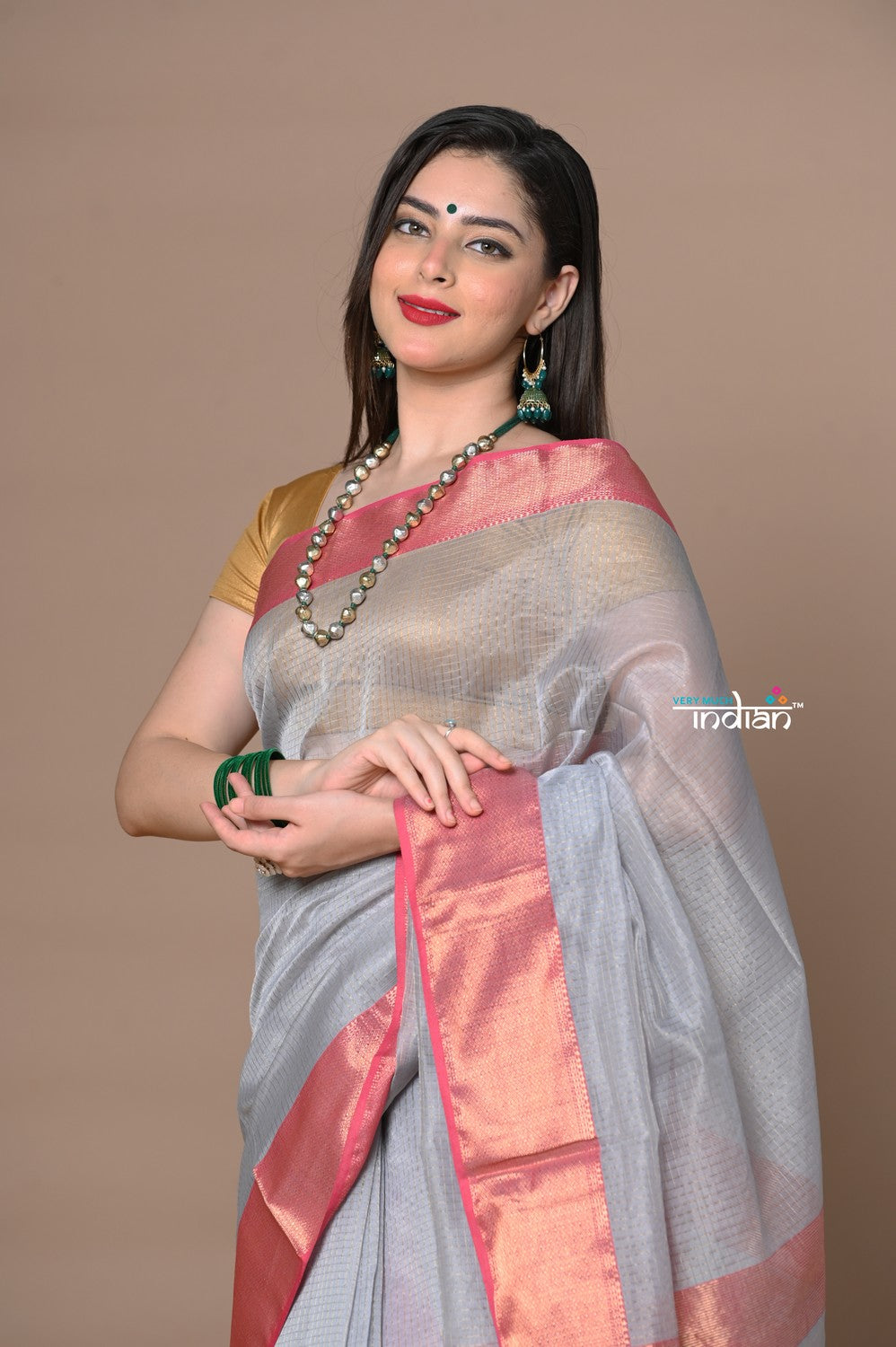 Very Much Indian Rajsi - Handloom Ari Checks Cotton Silk Saree with Golden Border in Grey | Swadesiicart