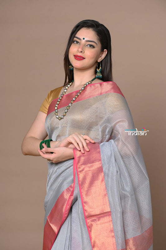 Very Much Indian Rajsi - Handloom Ari Checks Cotton Silk Saree with Golden Border in Grey | Swadesiicart