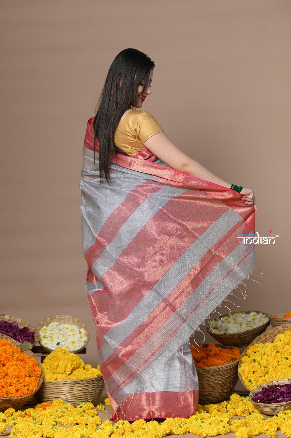 Very Much Indian Rajsi - Handloom Ari Checks Cotton Silk Saree with Golden Border in Grey | Swadesiicart