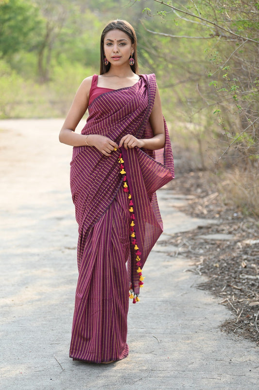 Very Much Indian Designer Pure Cotton Sarees with All over Linear Stripes - Maroon | Swadesiicart