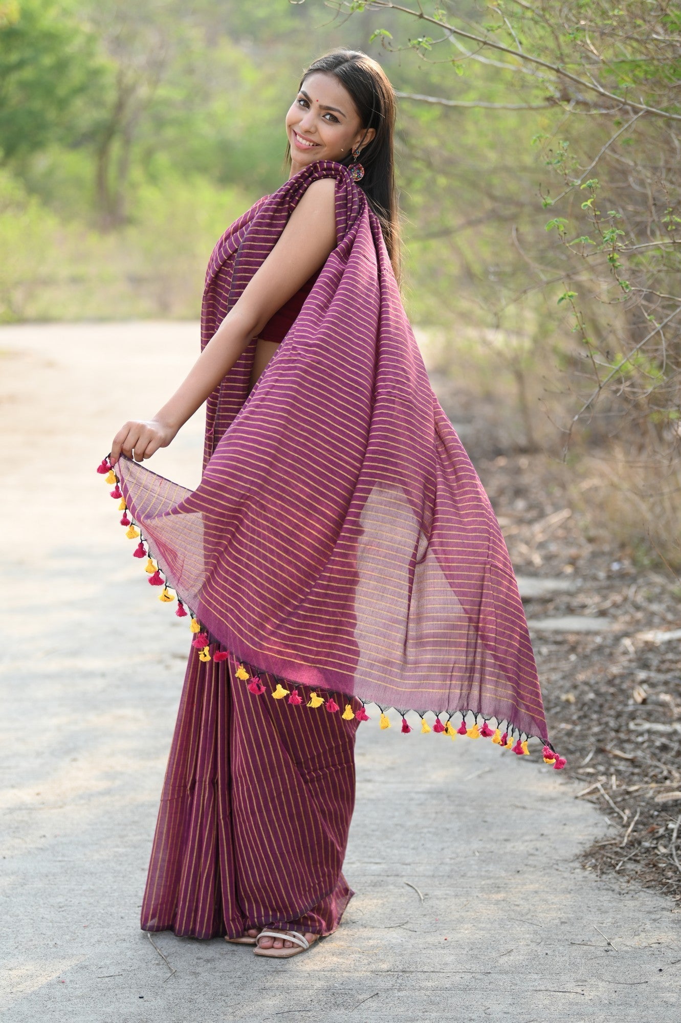Very Much Indian Designer Pure Cotton Sarees with All over Linear Stripes - Maroon | Swadesiicart