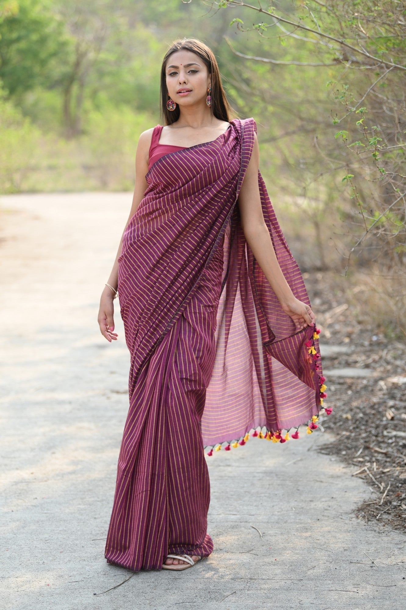 Very Much Indian Designer Pure Cotton Sarees with All over Linear Stripes - Maroon | Swadesiicart
