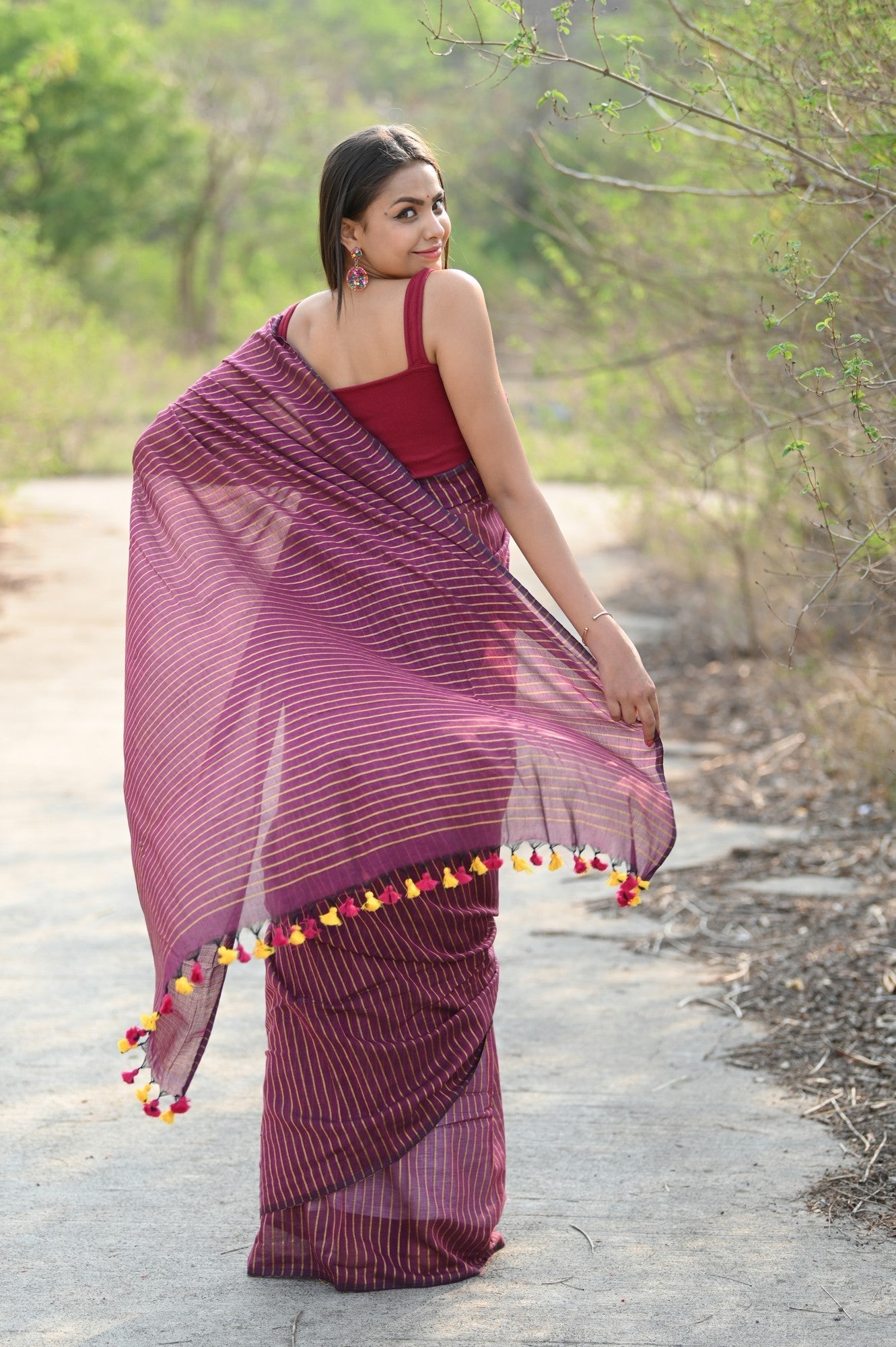 Very Much Indian Designer Pure Cotton Sarees with All over Linear Stripes - Maroon | Swadesiicart