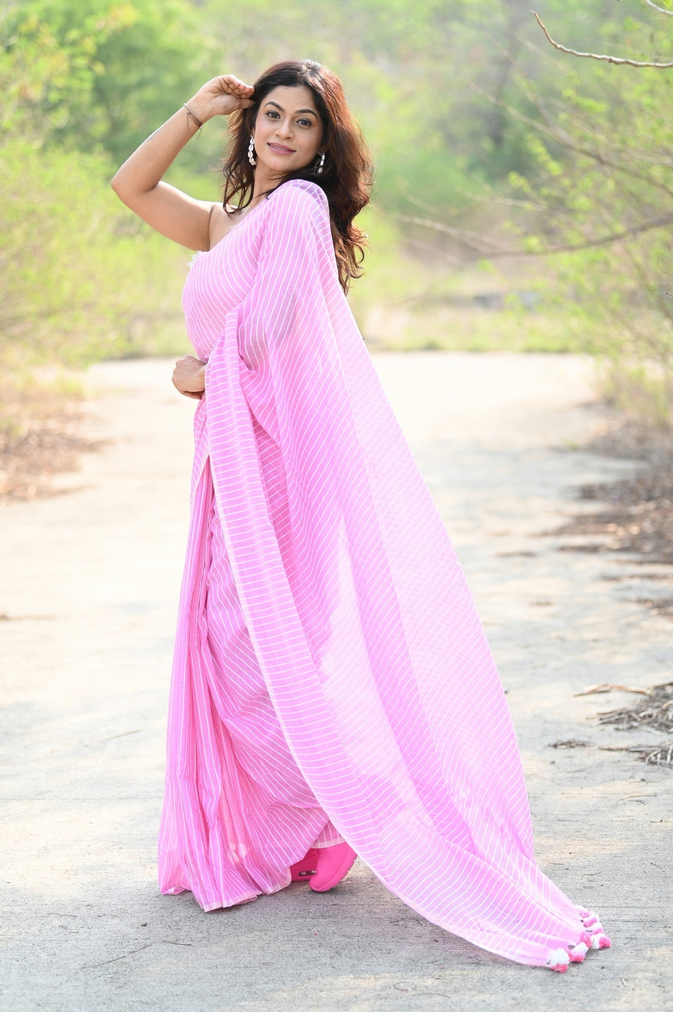 Very Much Indian Designer Pure Cotton Sarees with All over Linear Stripes - Light Pink | Swadesiicart