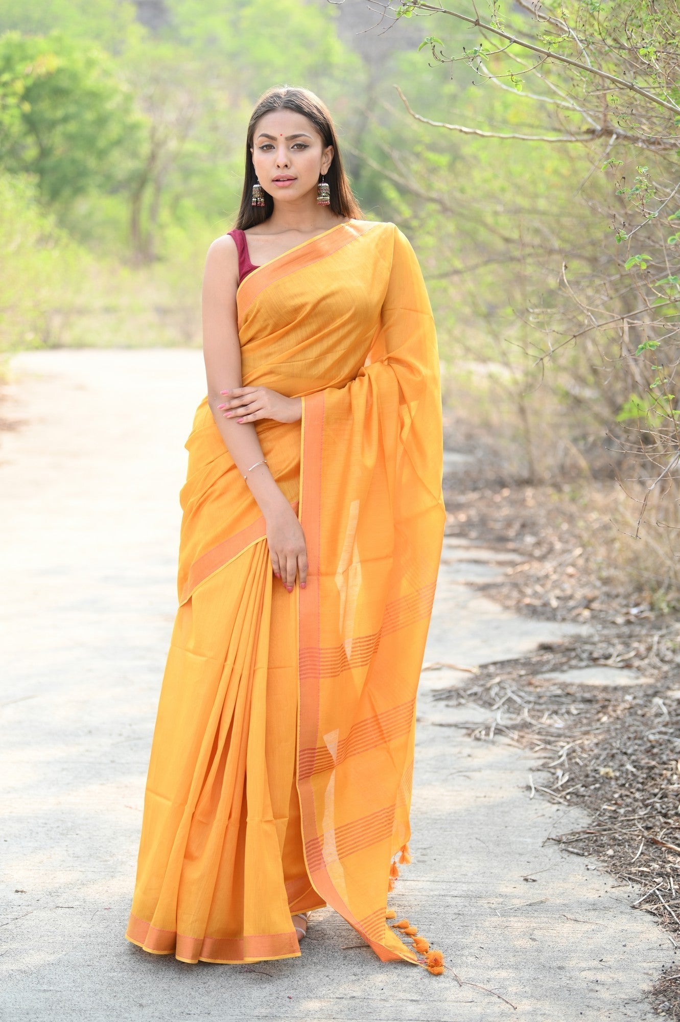 Very Much Indian Designer Pure Cotton Sarees with Classic Pallu - bright orange | Swadesiicart
