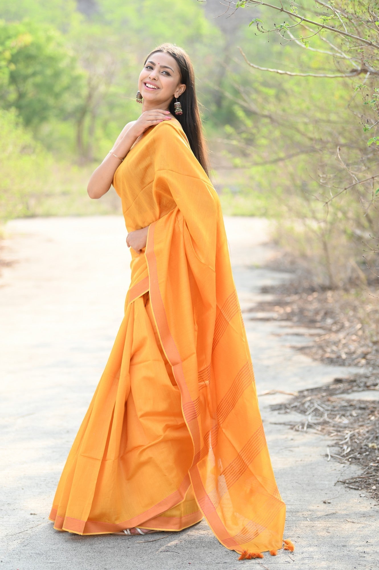 Very Much Indian Designer Pure Cotton Sarees with Classic Pallu - bright orange | Swadesiicart