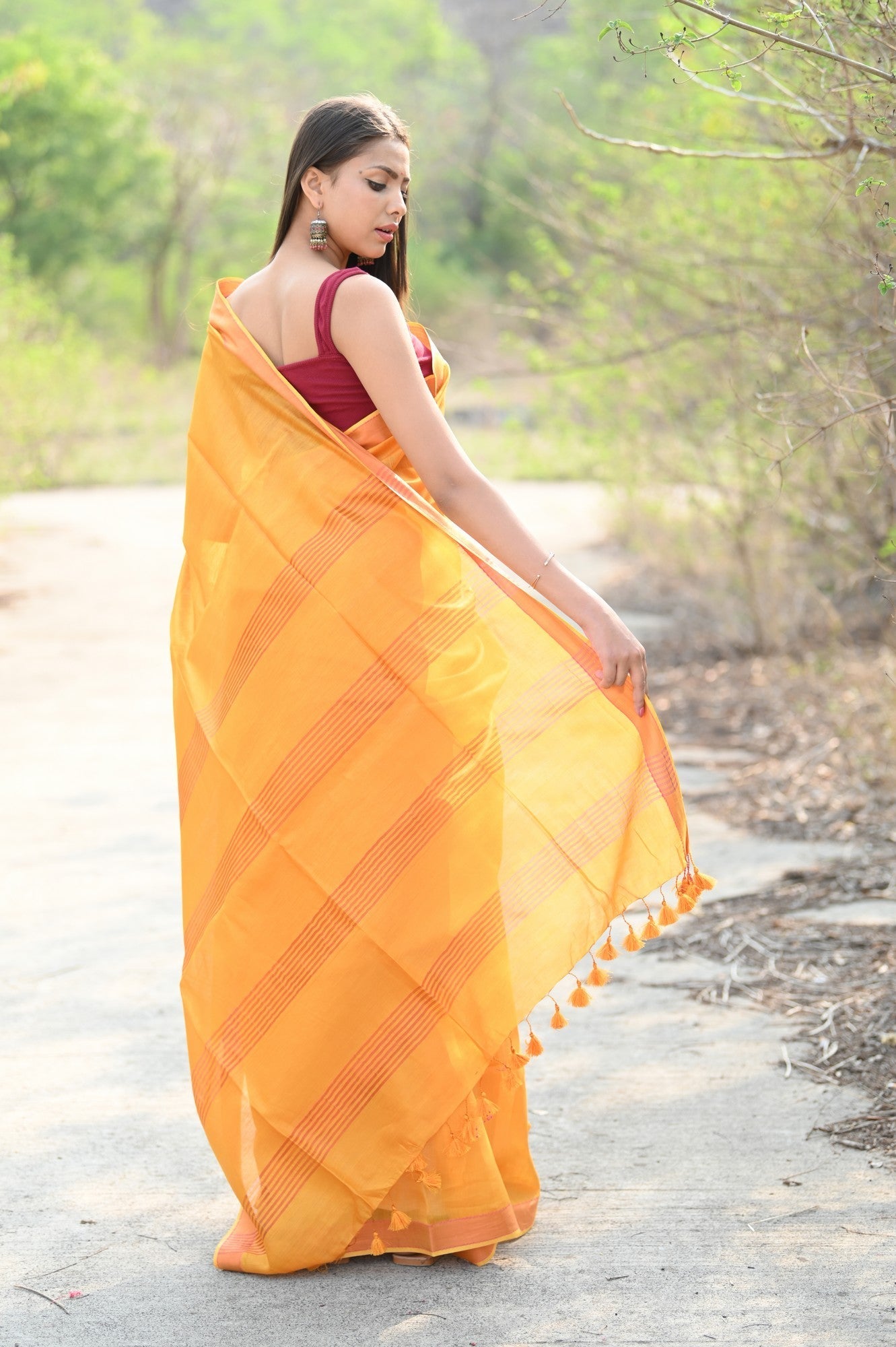 Very Much Indian Designer Pure Cotton Sarees with Classic Pallu - bright orange | Swadesiicart
