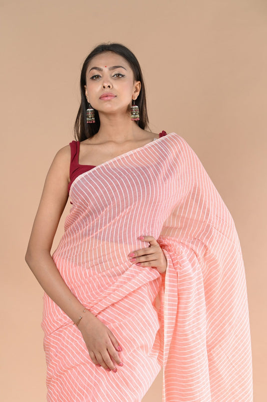 Very Much Indian Designer Pure Cotton Sarees with All over Linear Stripes - Peach | Swadesiicart