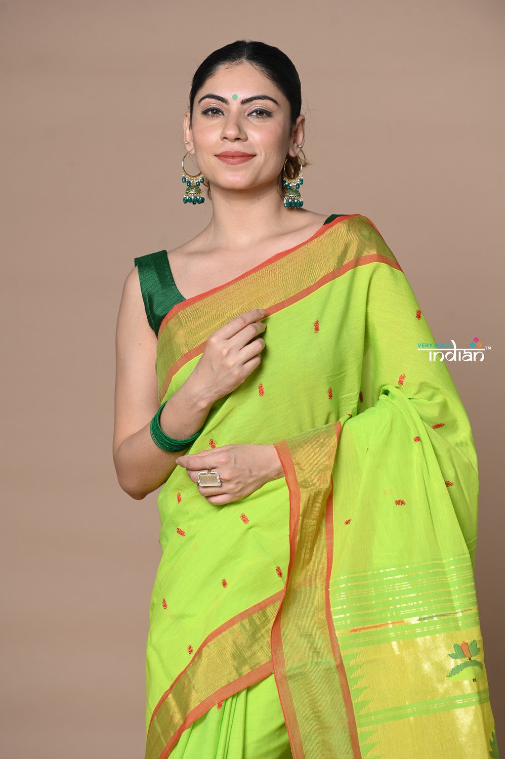 Very Much Indian Rajsi - Handloom Pure Cotton Paithani With Pichwai Pallu - Lime Green | Swadesiicart