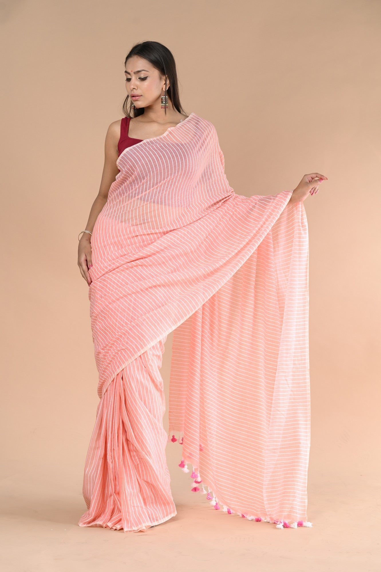Very Much Indian Designer Pure Cotton Sarees with All over Linear Stripes - Peach | Swadesiicart