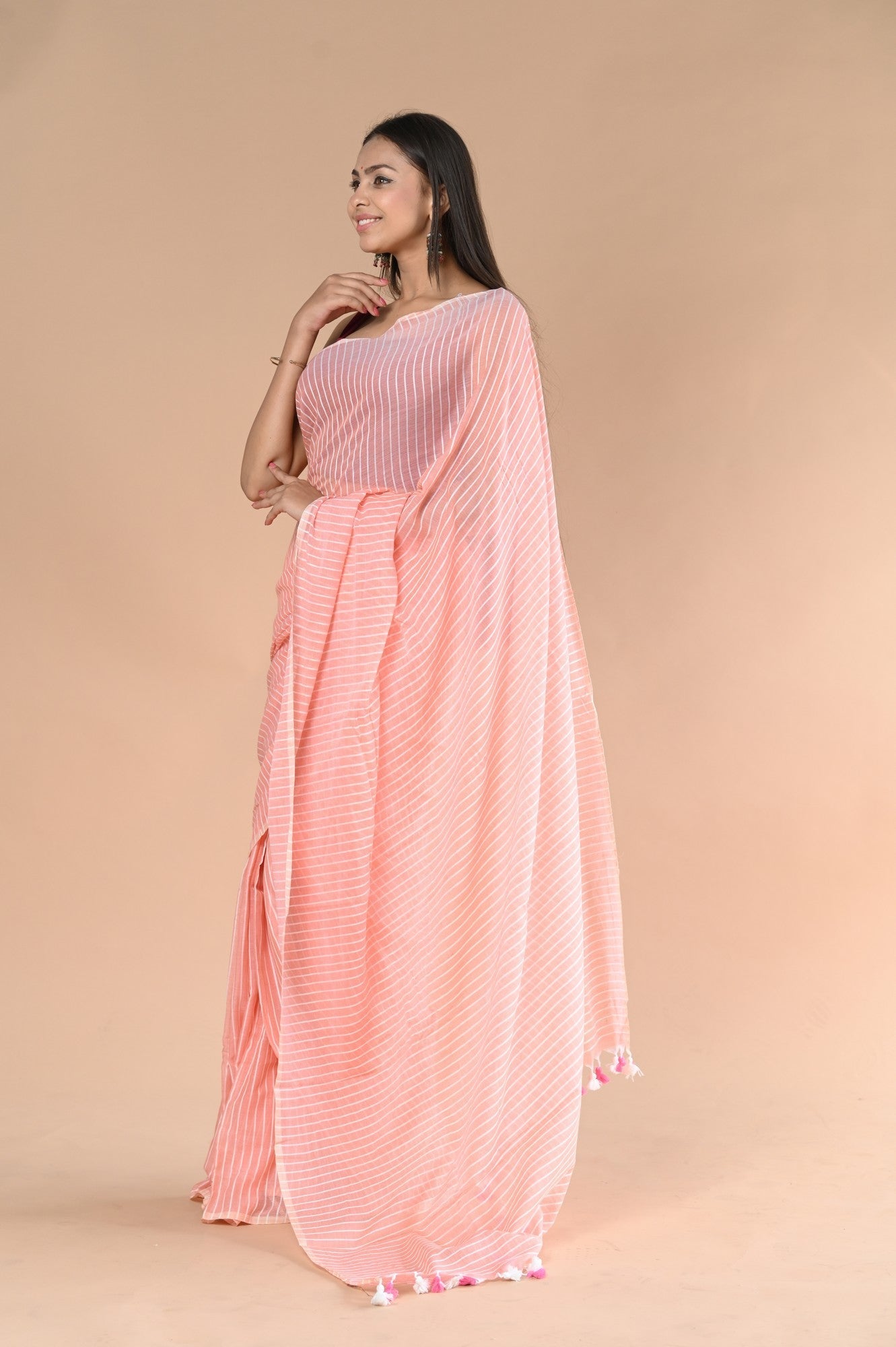 Very Much Indian Designer Pure Cotton Sarees with All over Linear Stripes - Peach | Swadesiicart