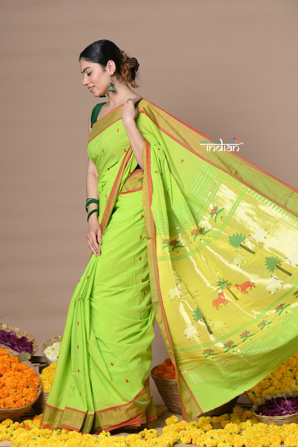 Very Much Indian Rajsi - Handloom Pure Cotton Paithani With Pichwai Pallu - Lime Green | Swadesiicart