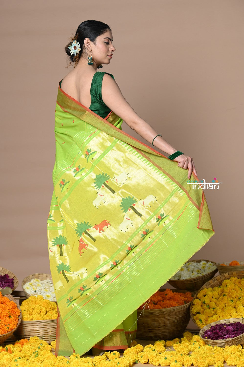 Very Much Indian Rajsi - Handloom Pure Cotton Paithani With Pichwai Pallu - Lime Green | Swadesiicart