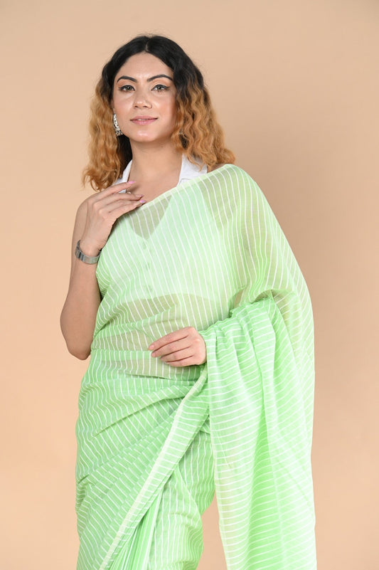 Very Much Indian Designer Pure Cotton Sarees with All over Linear Stripes - fern green | Swadesiicart