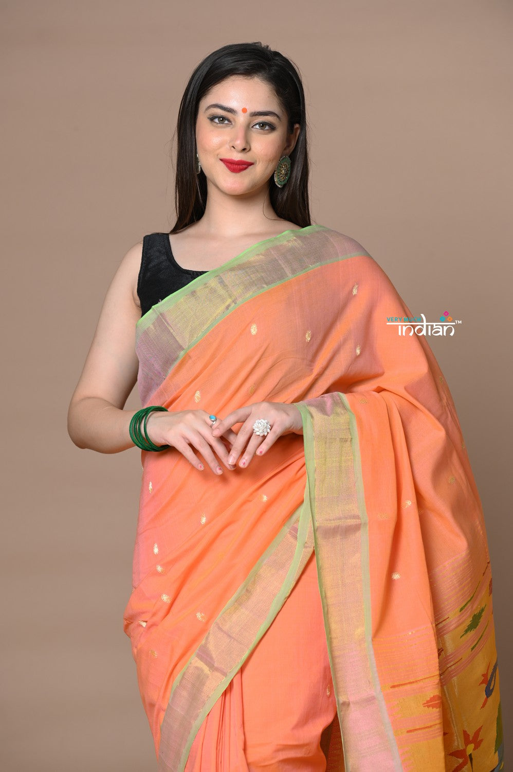 Very Much Indian Rajsi - Handloom Pure Cotton Paithani With Peacock Pallu - Peach | Swadesiicart