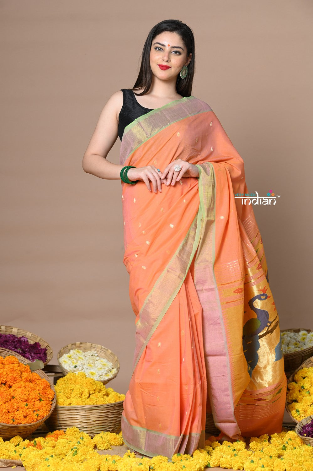 Very Much Indian Rajsi - Handloom Pure Cotton Paithani With Peacock Pallu - Peach | Swadesiicart