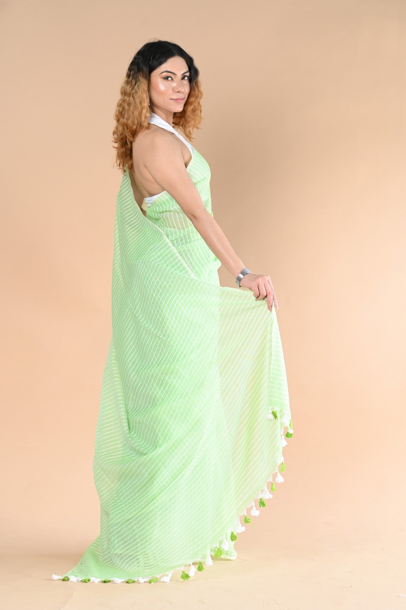 Very Much Indian Designer Pure Cotton Sarees with All over Linear Stripes - fern green | Swadesiicart