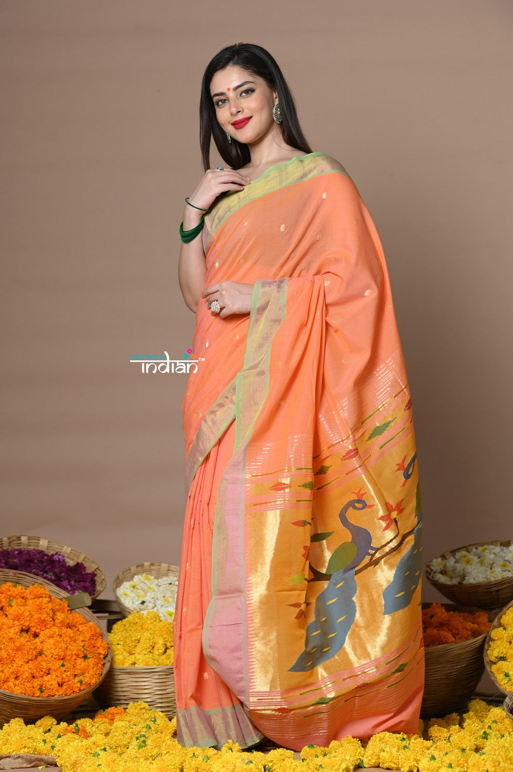 Very Much Indian Rajsi - Handloom Pure Cotton Paithani With Peacock Pallu - Peach | Swadesiicart