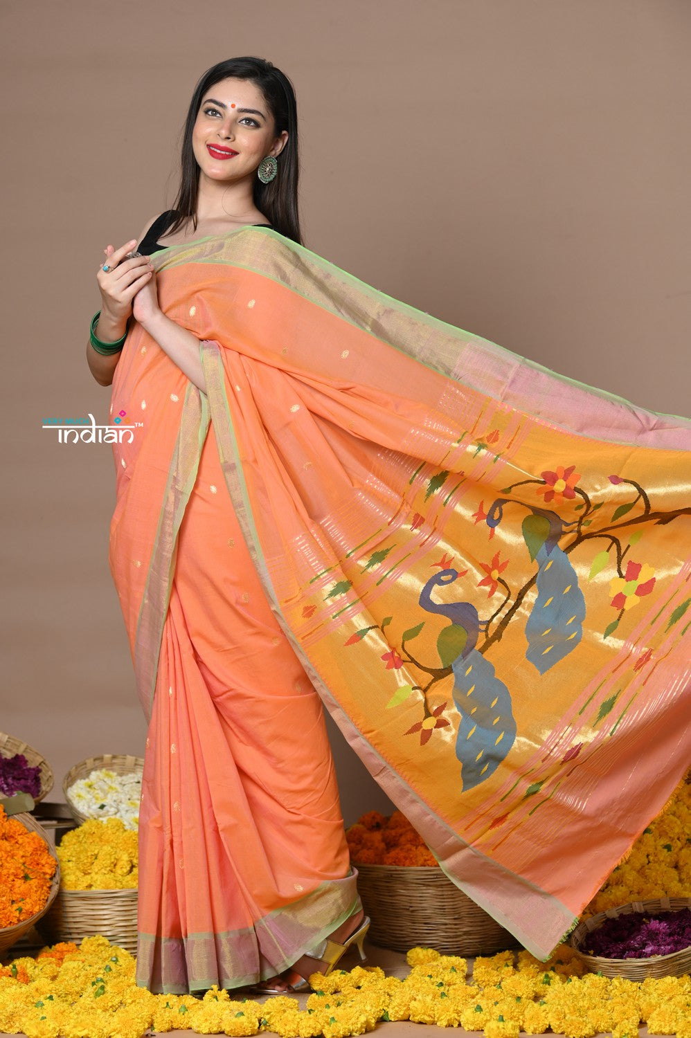 Very Much Indian Rajsi - Handloom Pure Cotton Paithani With Peacock Pallu - Peach | Swadesiicart