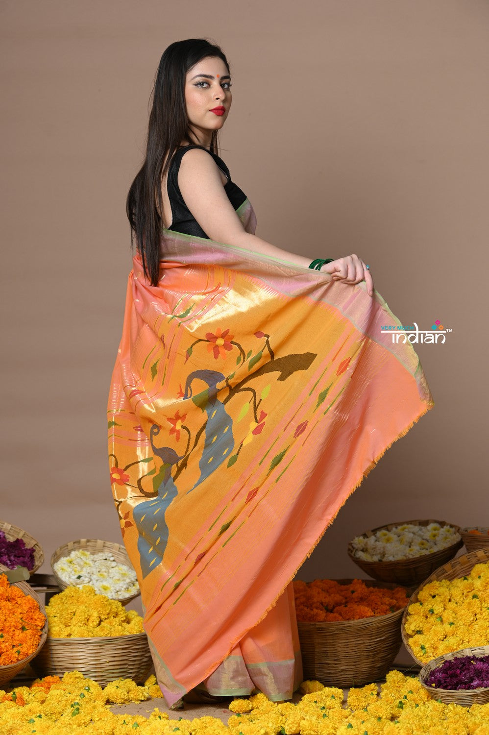 Very Much Indian Rajsi - Handloom Pure Cotton Paithani With Peacock Pallu - Peach | Swadesiicart