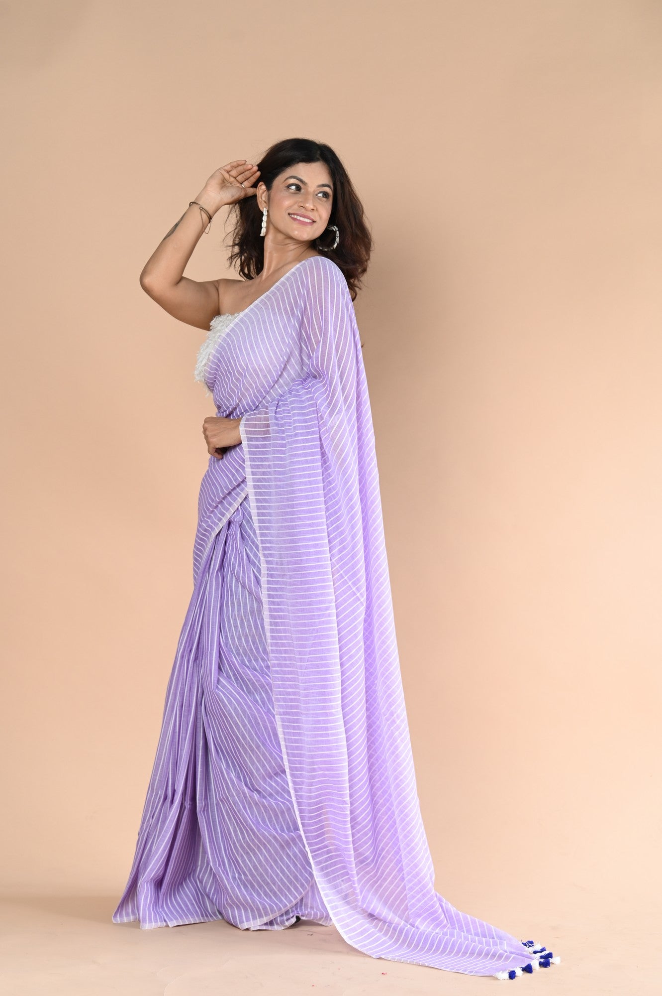 Very Much Indian Designer Pure Cotton Sarees with All over Linear Stripes - lavender | Swadesiicart