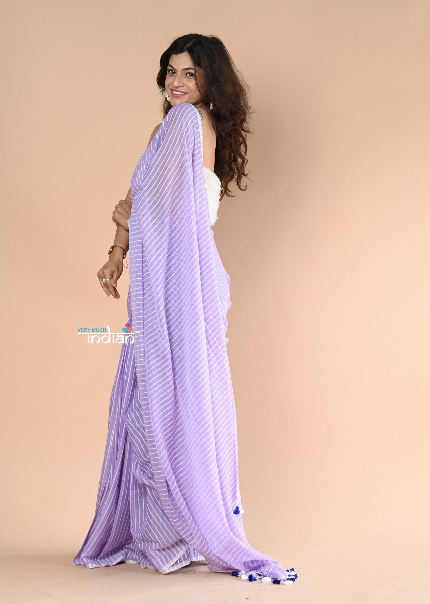 Very Much Indian Designer Pure Cotton Sarees with All over Linear Stripes - lavender | Swadesiicart