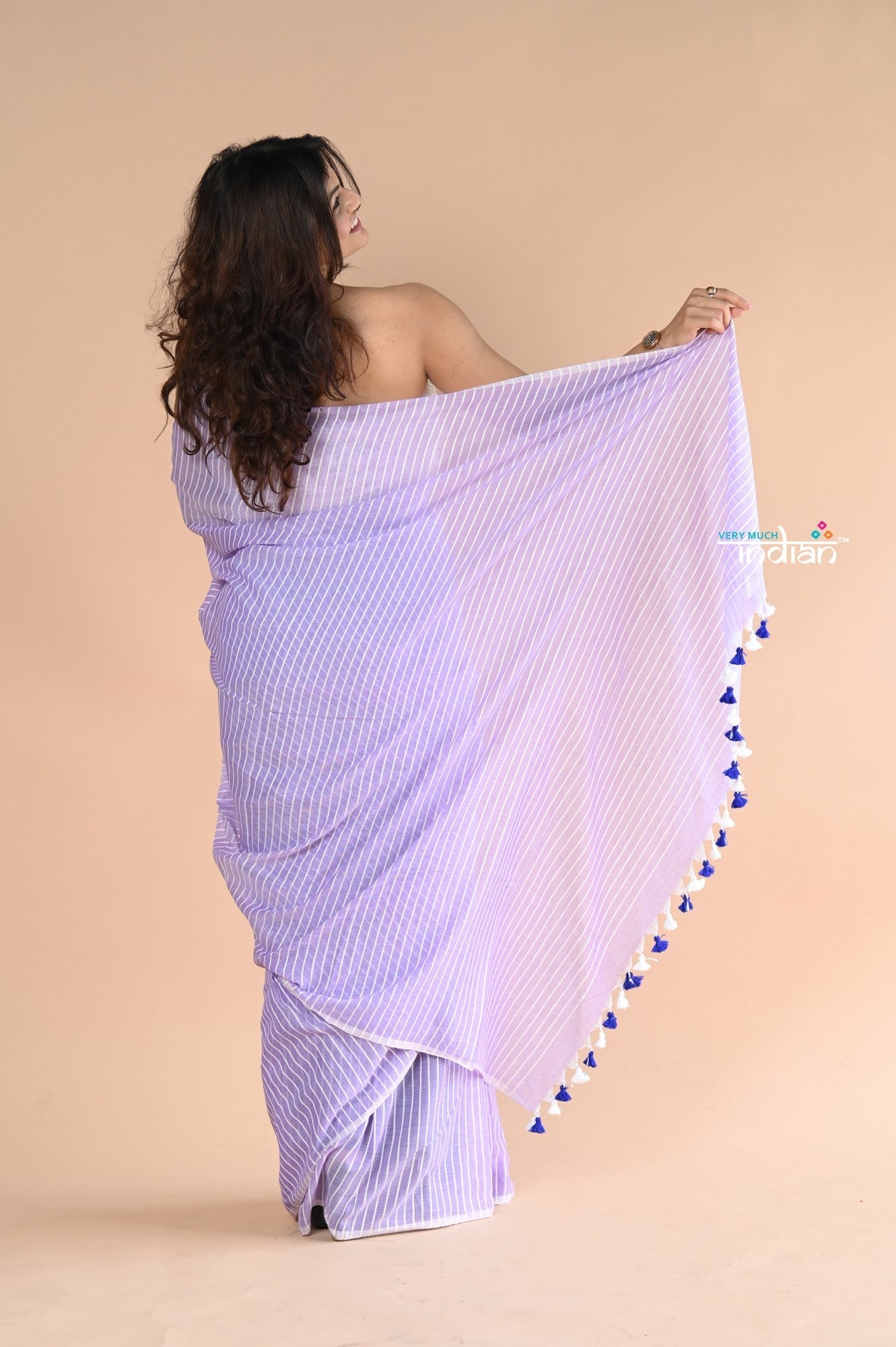Very Much Indian Designer Pure Cotton Sarees with All over Linear Stripes - lavender | Swadesiicart