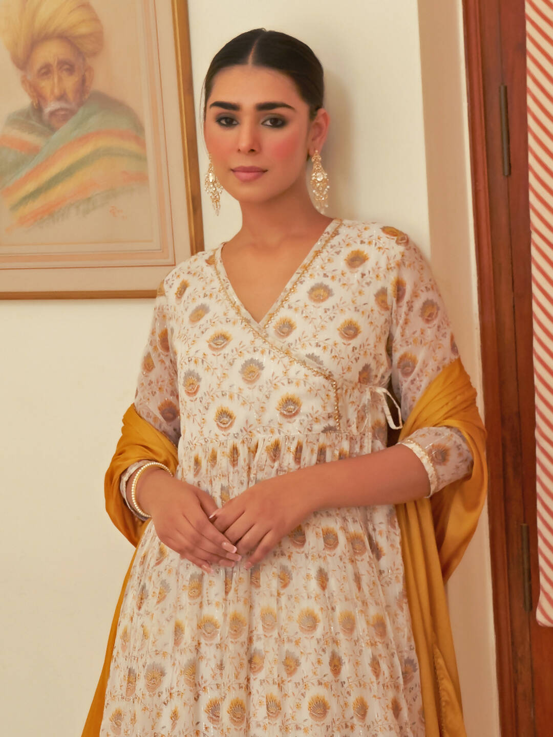Janasya Women's White Chiffon Lurex Floral Printed Festive Flared Kurta Set | Swadesiicart