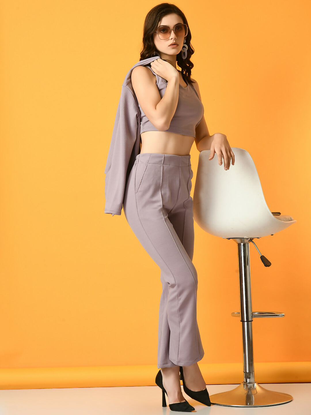Myshka Women's Lavender Solid Top With Trousers - Swadesiicart