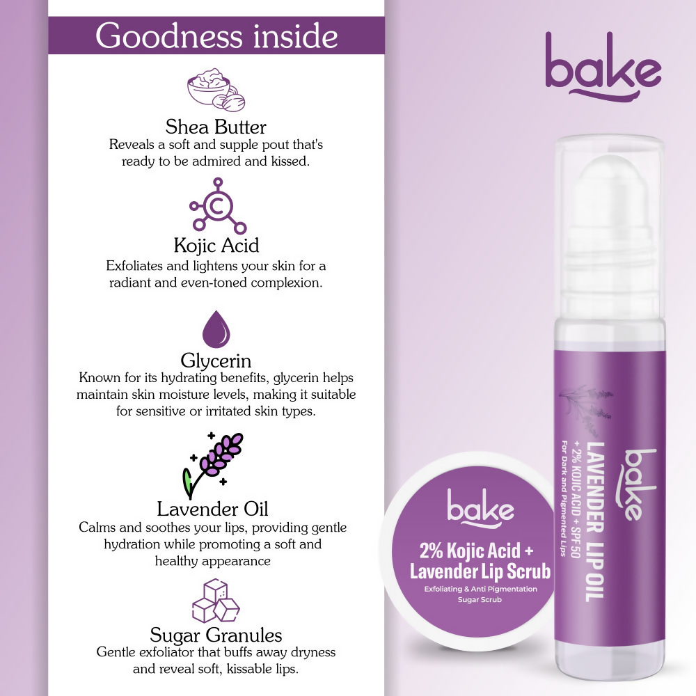 Bake Kojic Acid Lavender Lip Kit With Lip Balm SPF 50 & Lip Scrub For Dark & Pigmented Lips | Swadesiicart