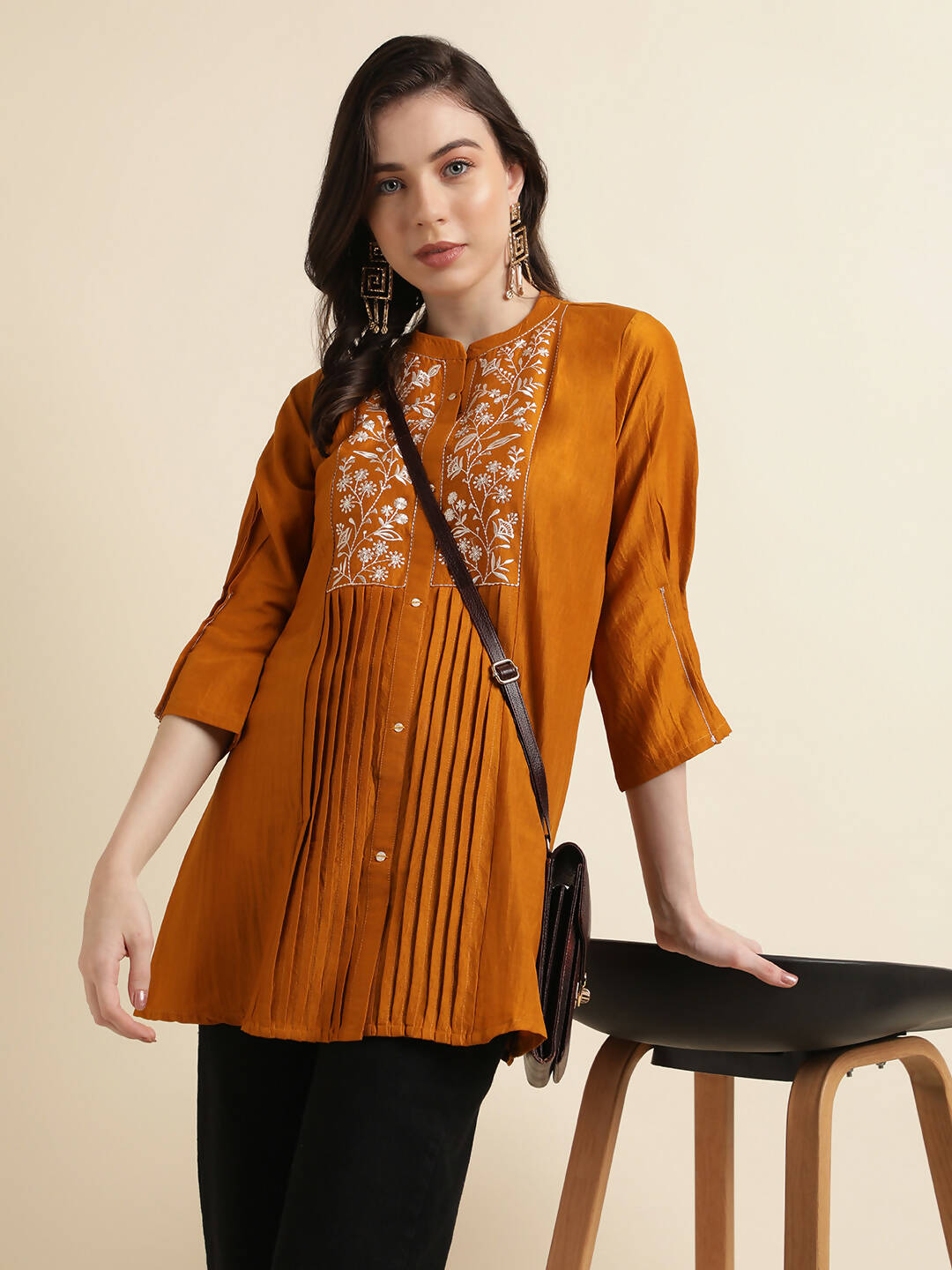 Mustard Chinon Yoke Embroidered A-line Top - Tarini - Swadesiicart