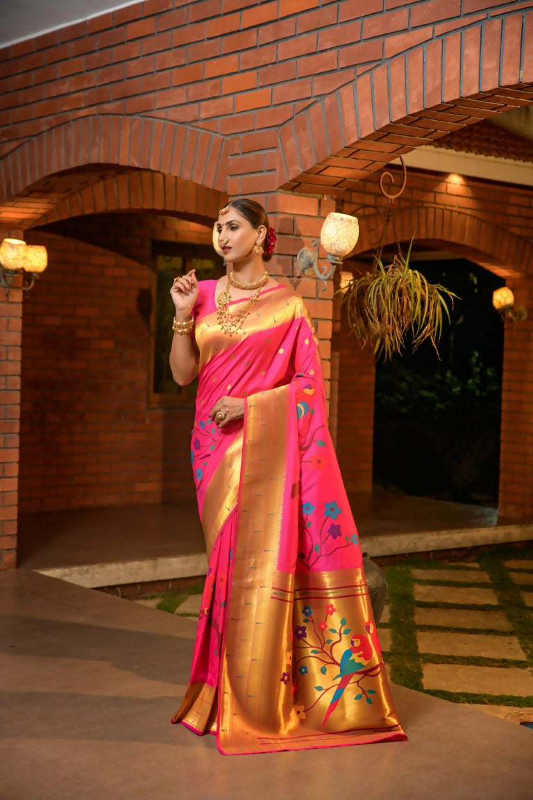 Jyoti Fashion Women's Baby Pink Paithani Silk Zari Woven Saree with Blouse | Swadesiicart