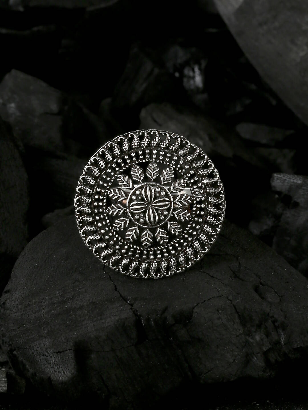 NVR Women's Oxidised Silver Plated Adjustable Finger Ring | Swadesiicart