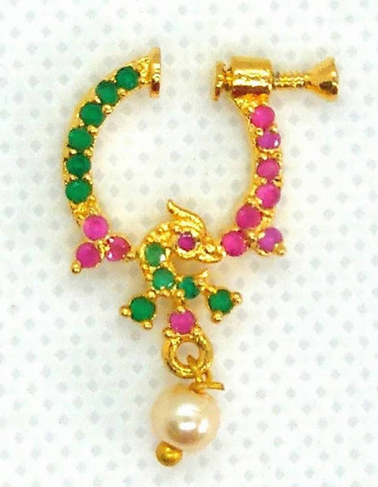 Pink & Green Peacock Bridal Nose Ring For Wedding | Swadesiicart