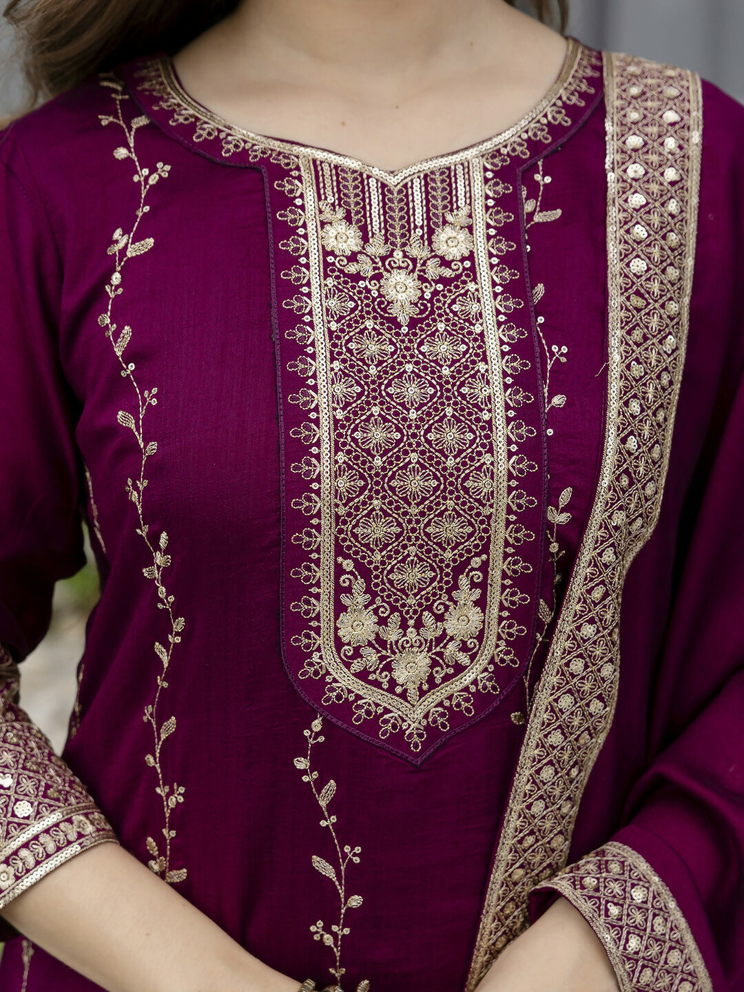 The52 Wine Beautiful Embroidered Vichitra Silk Fabric Straight Kurta, Palazzo and Dupatta Set - Swadesiicart