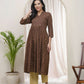 Vaasva Brown Boonta Cotton Printed Gathered Kurti With Pant - Swadesiicart