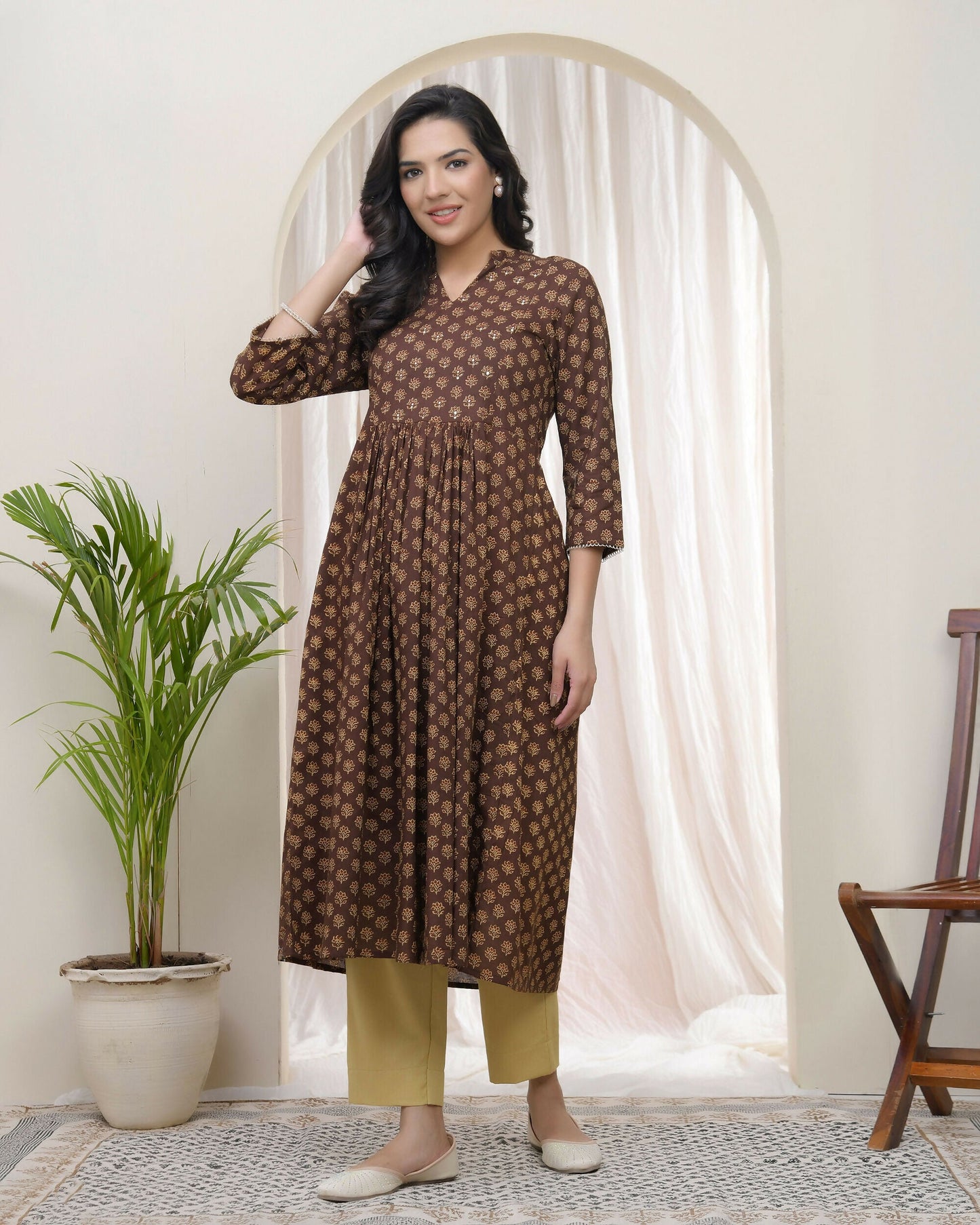 Vaasva Brown Boonta Cotton Printed Gathered Kurti With Pant - Swadesiicart