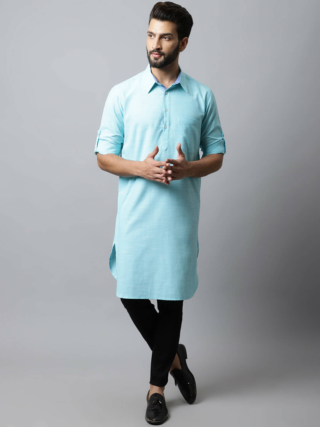Even Apparels Blue Color Pure Cotton Solid Men's Kurta With Shirt Collar (SLD1132) | Swadesiicart