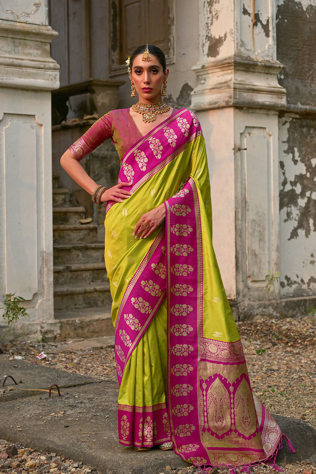 Vishnu Weaves Women's Pista Kanchi Silk Woven Saree with Blouse - Swadesiicart