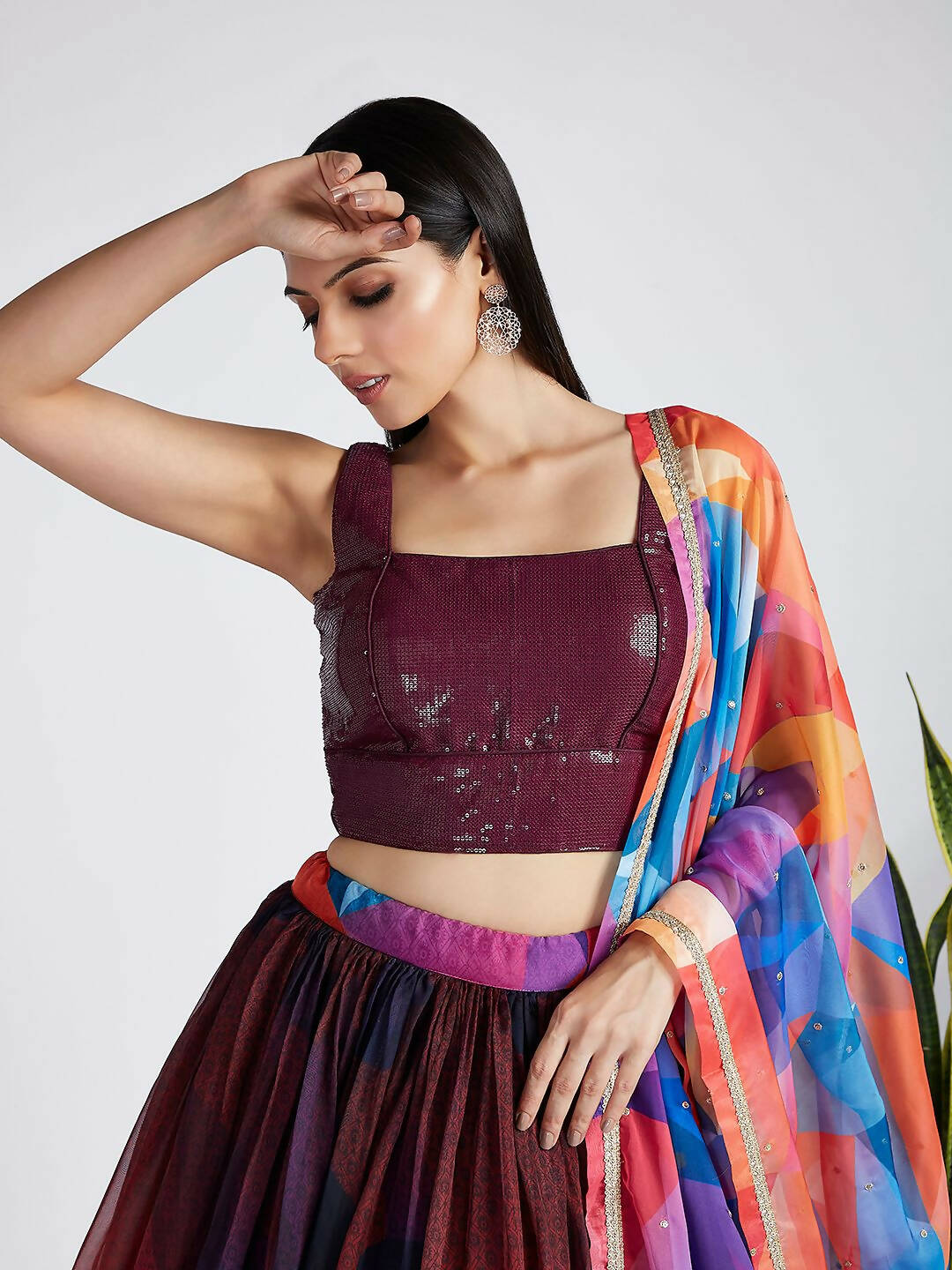 House of Panchhi Multi colour Organza Abstrack design digital print Semi-Stitched Lehenga choli & Dupatta | Swadesiicart