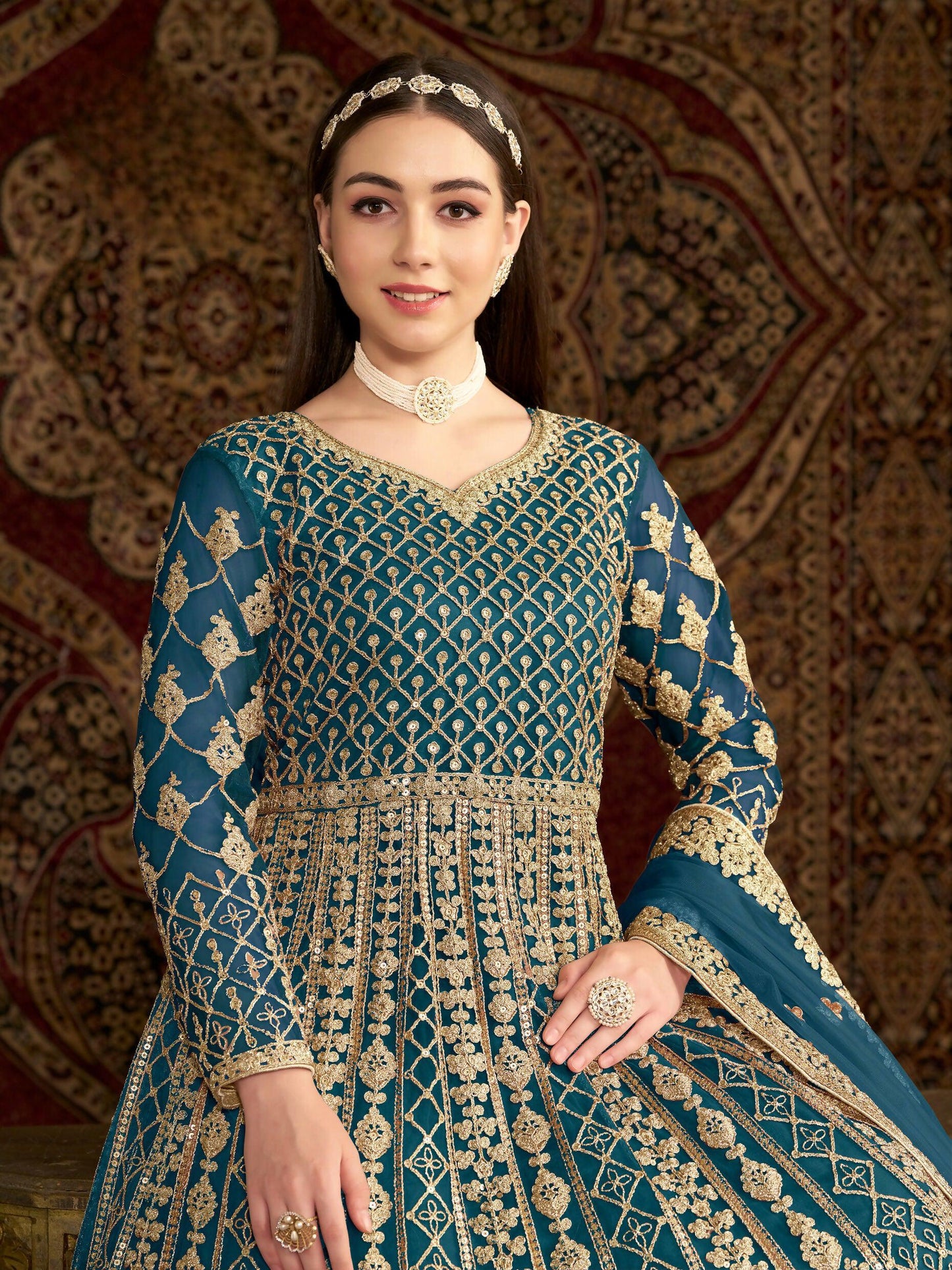 Anaita Teal Embroidered Net Anarkali Suit