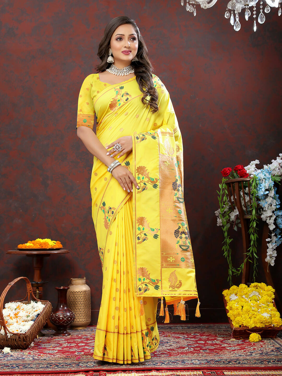 Lorenvalley Fashion Yellow Soft Paithani Silk Woven Design Copper Zari Meenakari Weaving Saree - Swadesiicart
