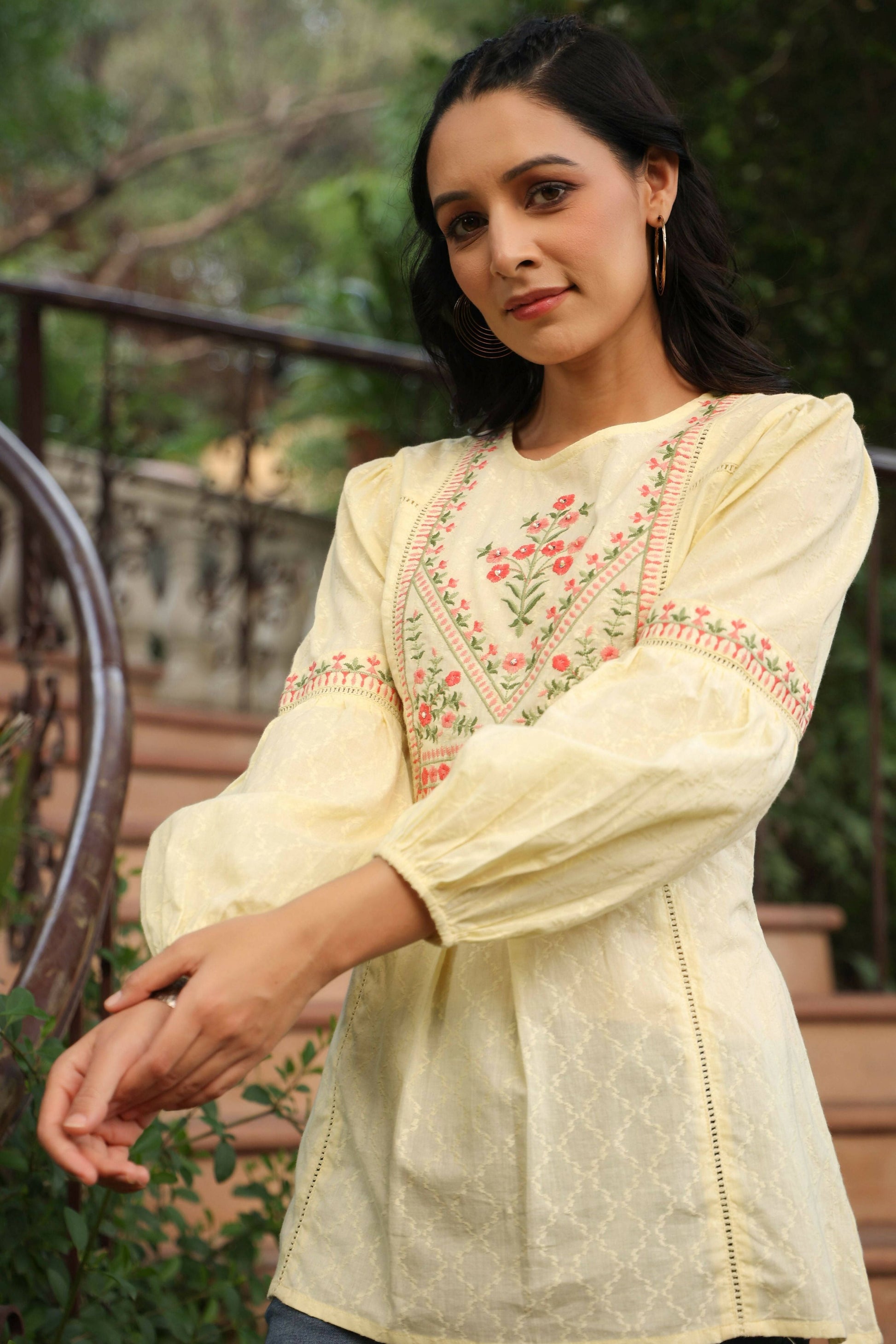 Juniper Women's Lemon Cotton Dobby Solid Embroidered Straight Tunic | Swadesiicart