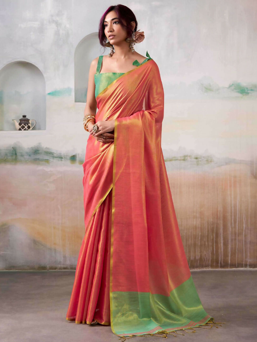 Shree Shyam Fashion Tissue Silk Peach Saree