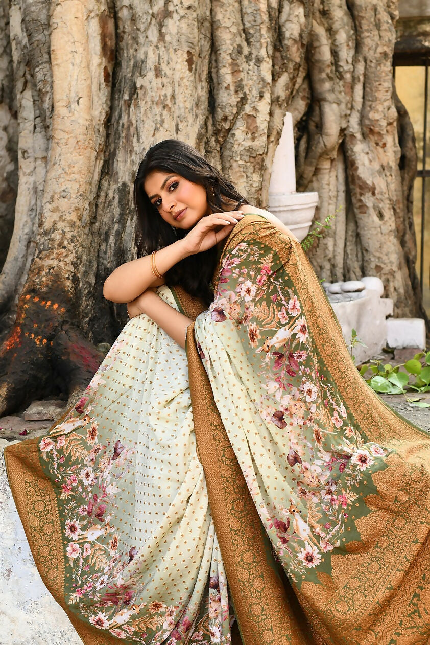 Joban Fashion Olive Green And Ivory Pure Crepe Pure Handloom Banarasi Silk Saree | Swadesiicart