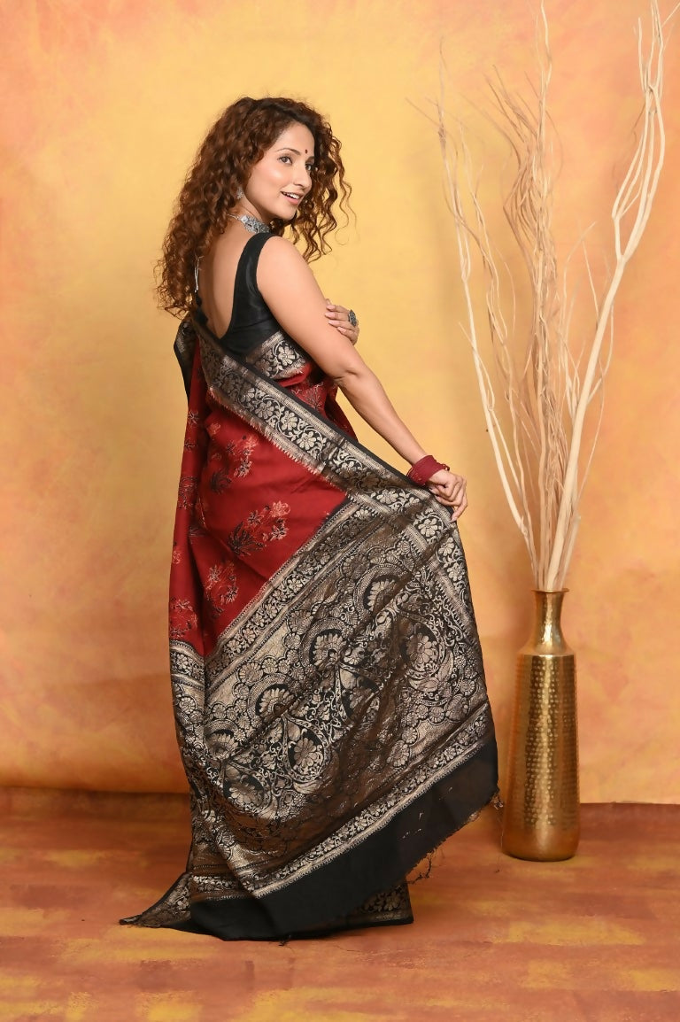 Very Much Indian Modal Silk Ajrakh Handblock Printed Natural Dyes With Designer Border Saree - Red | Swadesiicart