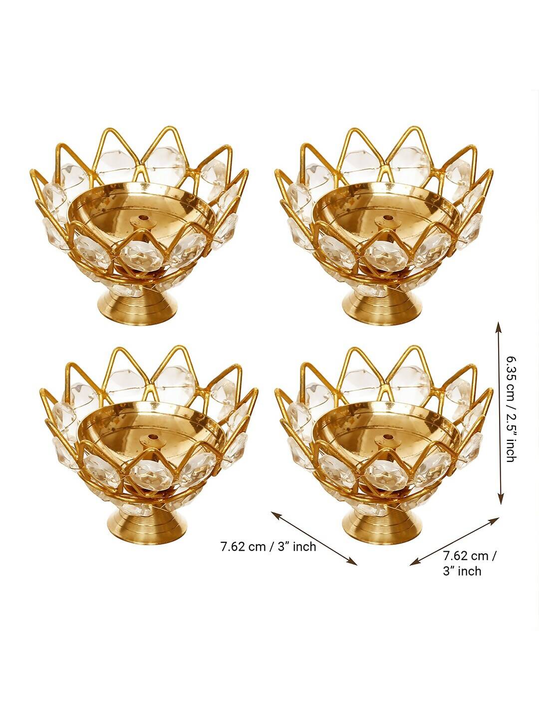 eCraftIndia Gold-Toned 2 Pieces Crystal Lotus Shape Brass Diyas | Swadesiicart
